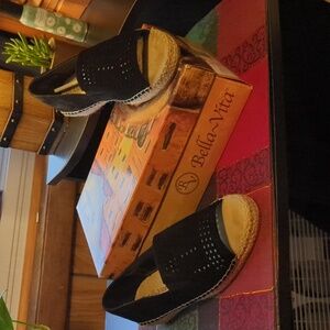 Bella Vita Cora Espadrille wedge Sandals black Women's 8 WW NEW NIB
